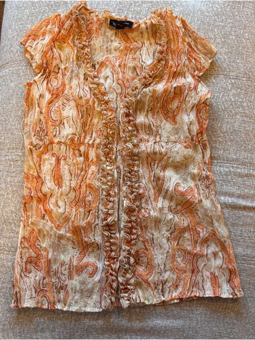 INC International Concepts Orange and Cream Paisley Ruffle V-Neck Blouse